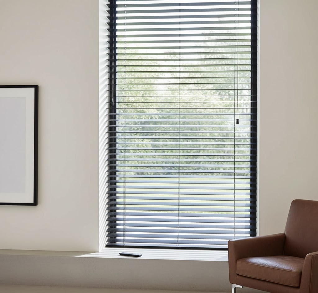 Premium motorized blinds in charcoal grey