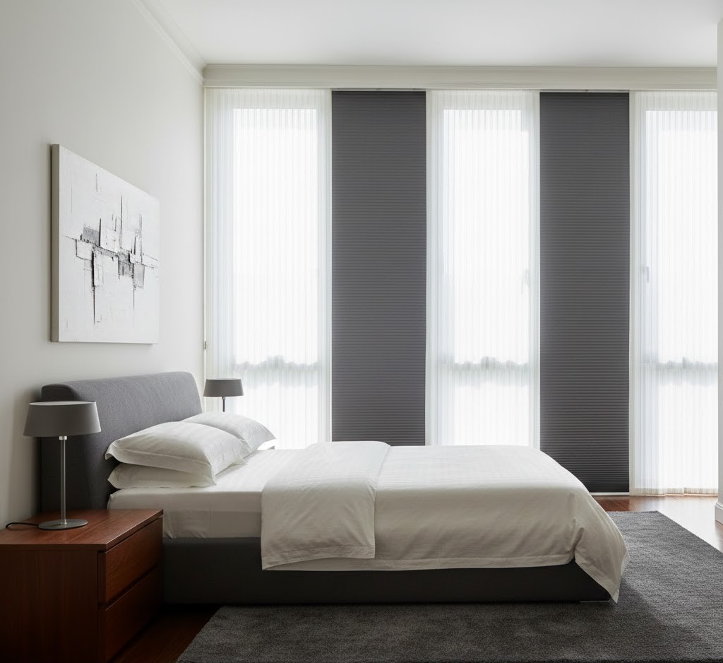 Modern bedroom with sophisticated blinds
