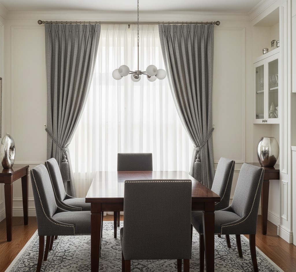 Luxury dining area with custom curtains