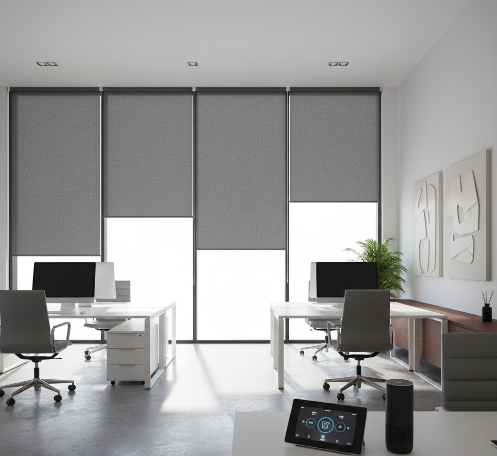 Contemporary office space with motorized blinds